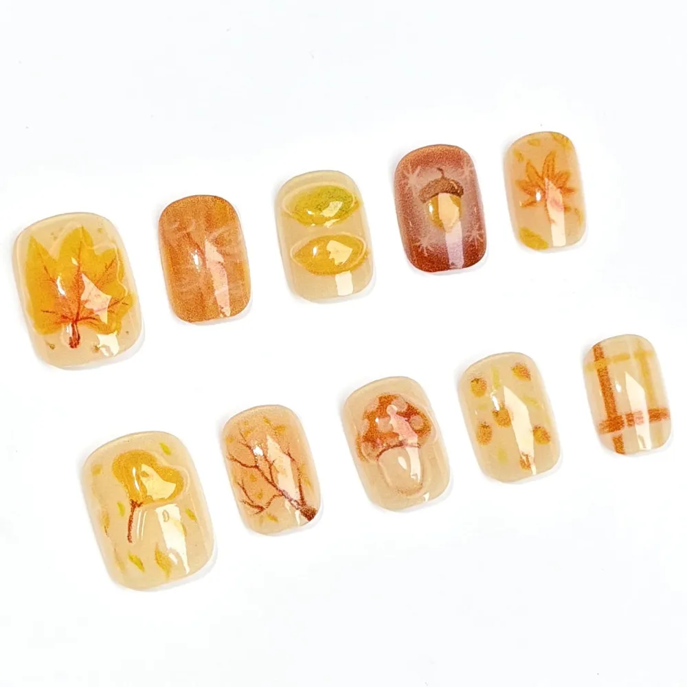 Nailhour 30Pcs Floral 3D Autumn Medium Square French Press On Nails