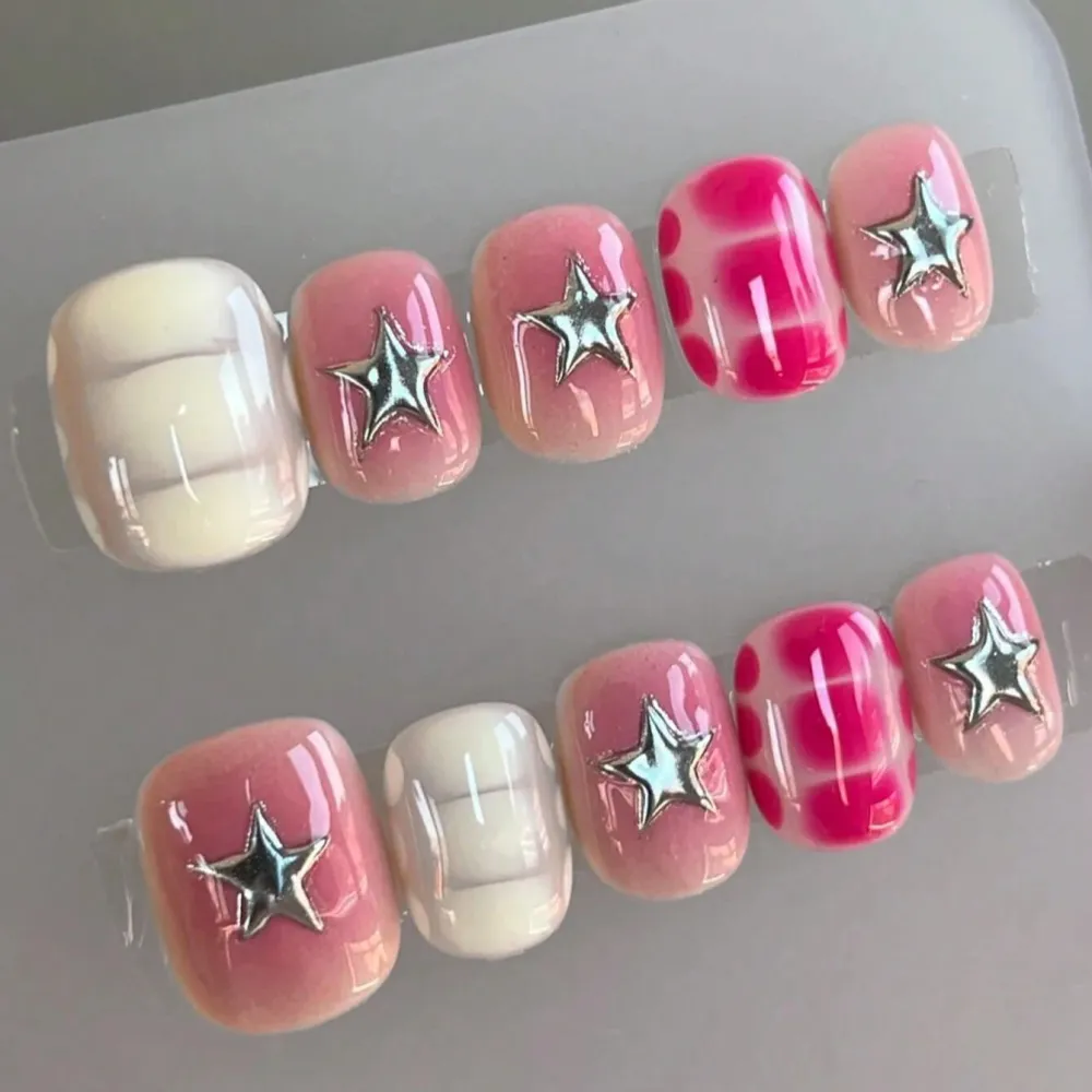Nailhour 10Pcs Handmade Y2K Short Oval Pink Gilded Press On Nails