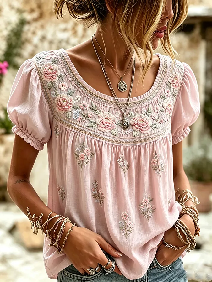 Women's Boho Floral Patchwork Embroidered Puff Sleeve Top
