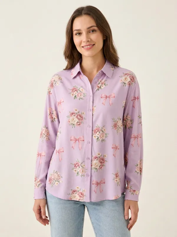 Women's Breast Cancer Awareness Floral Bow Printed Button-Down Shirt