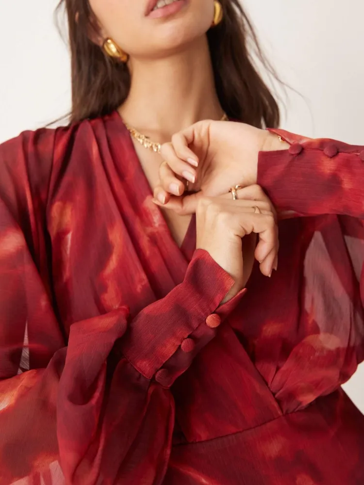 Printed Surplice Long Sleeve Dress