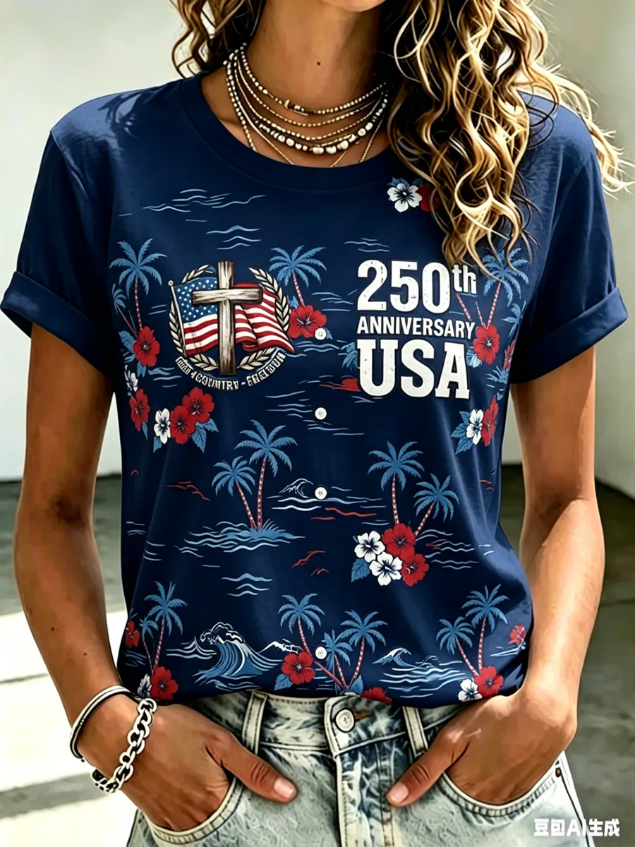 Women's Casual Color Block Print Short-Sleeve T-Shirt