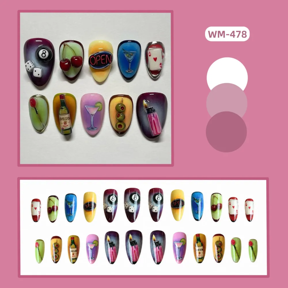Nailhour 24Pcs Vintage 3D Party Short Almond Press On Nails
