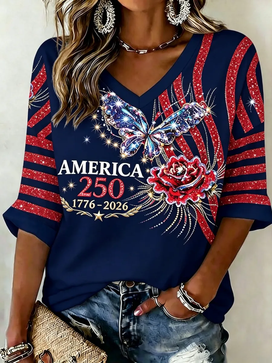 Women's 1776-2026 Anniversary Celebration Printed Half Sleeve V-Neck T-Shirt