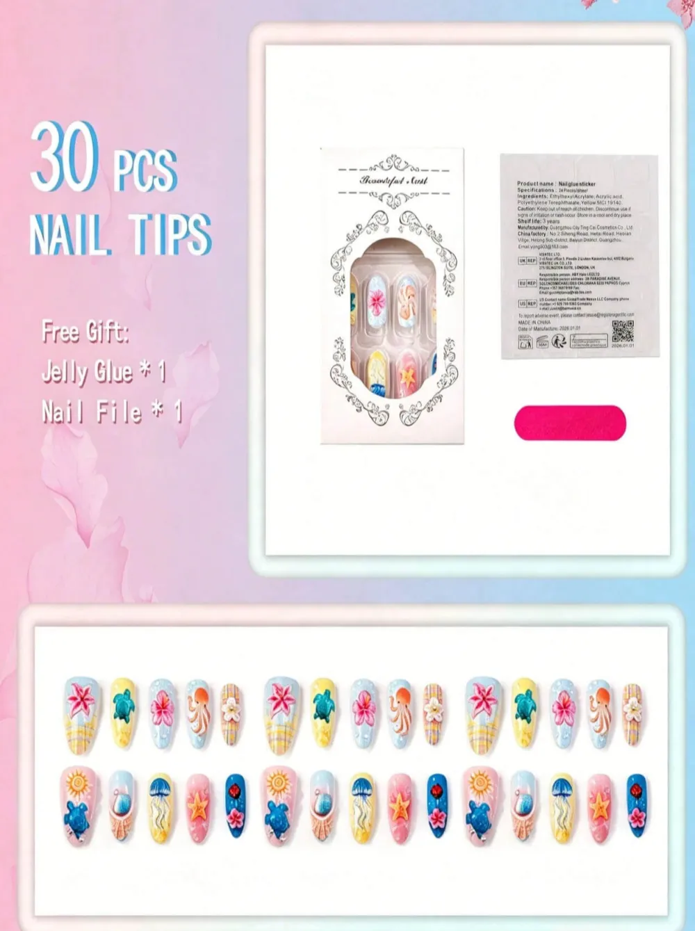 Nailhour 30Pcs Medium Almond Summer Hawaiian 3D Ocean Creatures Press On Nails