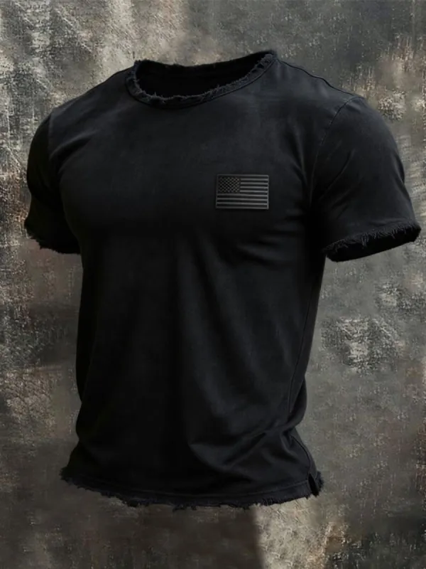 Men'S Retro Style Loose Cuff 100% Cotton Washed And Faded T-Shirt