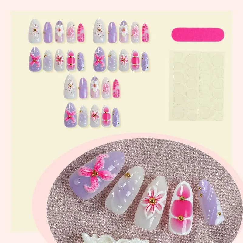 Nailhour 30Pcs Colorful Floral 3D Medium Almond French Press On Nails