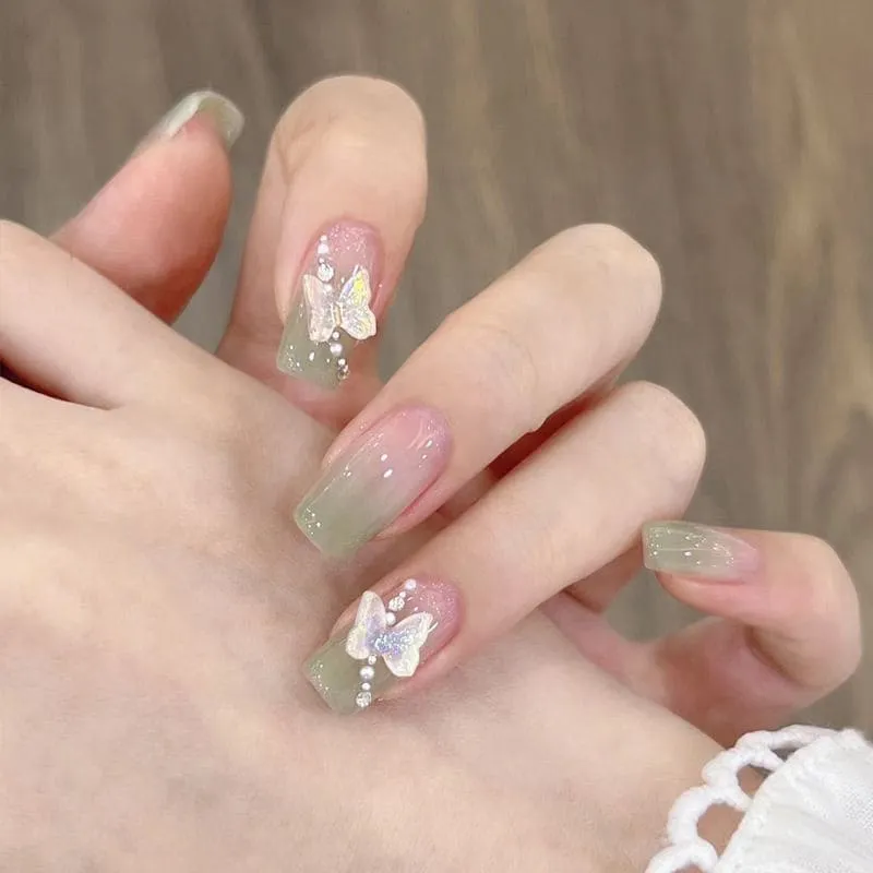 Nailhour 24Pcs 3D Rhinestone Gradient French Green Bow Short Square Press On Nails
