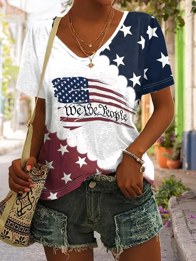 Ladies' Casual American 1776-2026 Anniversary Celebration Print V-Neck Short Sleeved Shirt