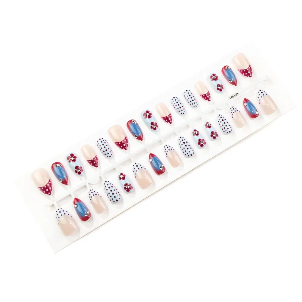 Nailhour 30Pcs Blue Polka Dot 3D Medium Almond French Press On Nails