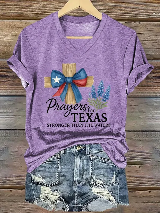 V-Neck Retro Prayers For Texas Print T-Shirt