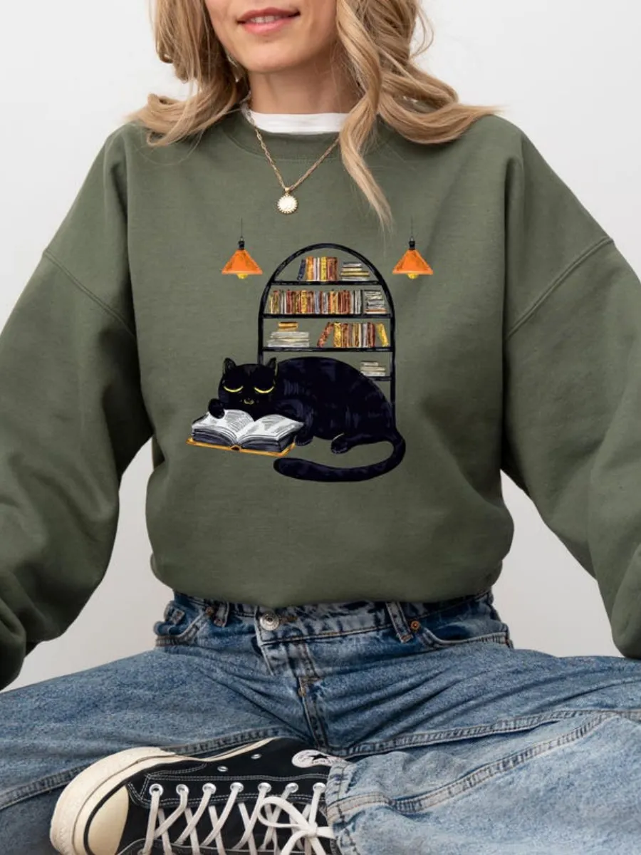 Cat Reading Graphic Sweatshirt