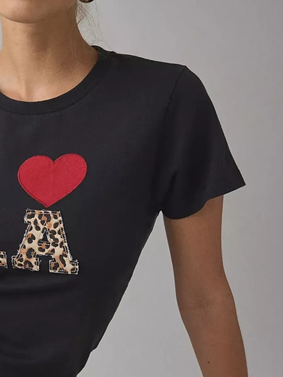 Women's Leopard Print Letter Printed Pure T-Shirt
