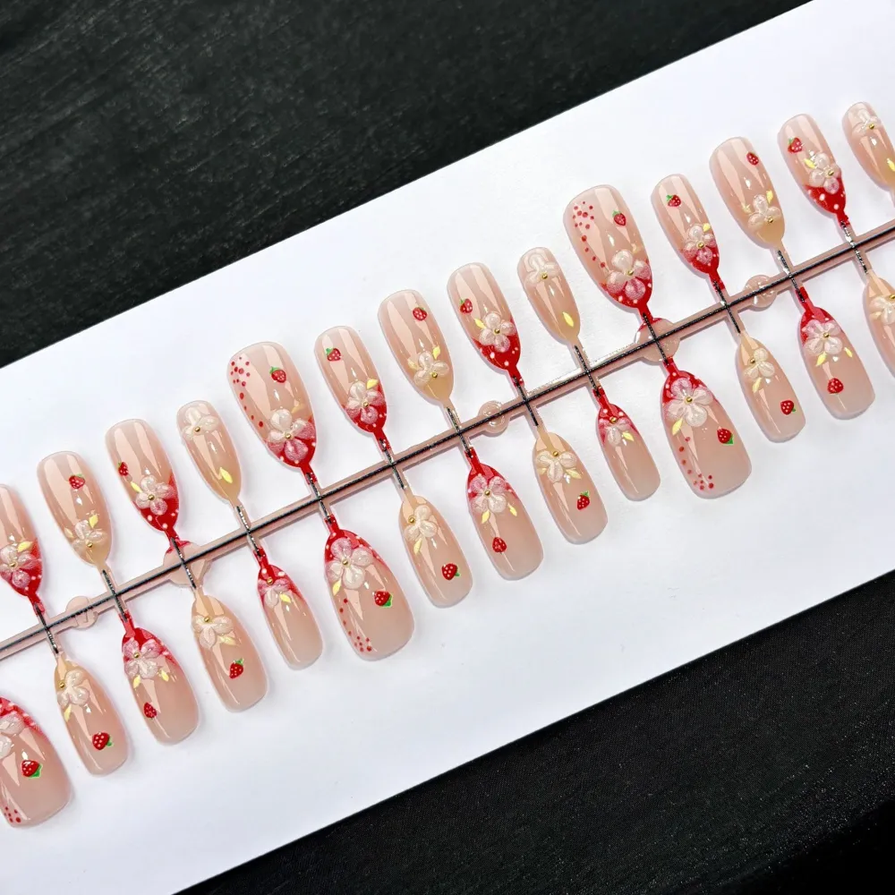 Nailhour 30Pcs Strawberry Red Medium Almond French Press On Nails