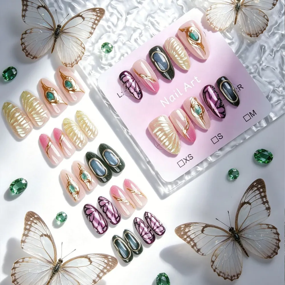 Nailhour 30Pcs Handmade Butterfly 3D Medium Almond French Press On Nails