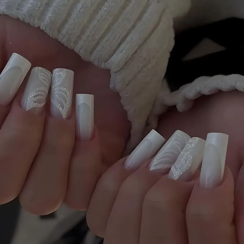 Nailhour 24Pcs White Glitter Medium Square French Press On Nails