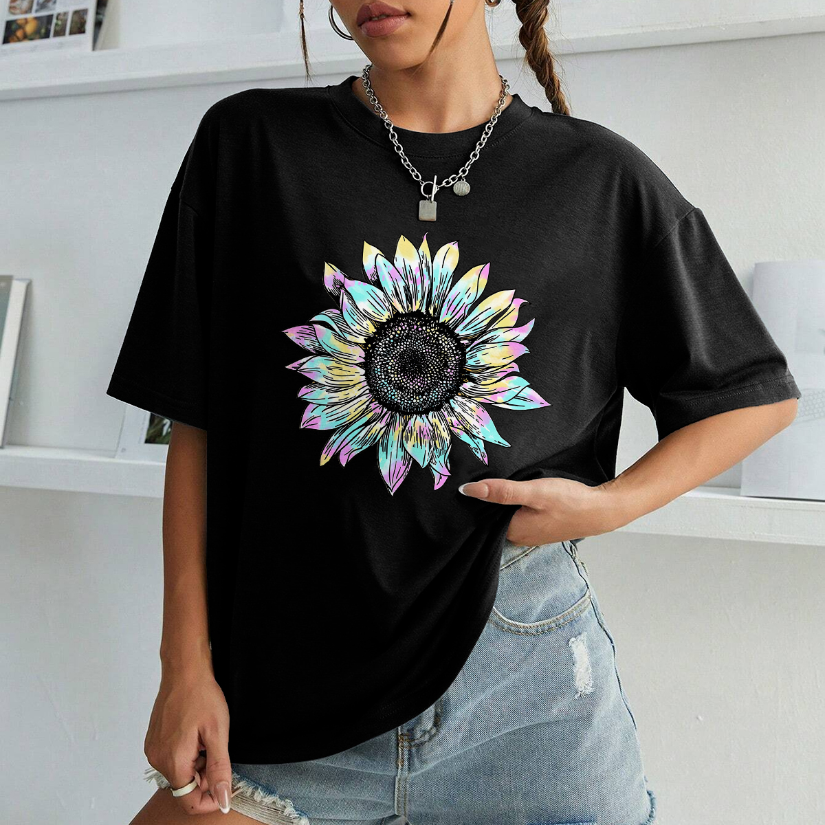 Cyan, Magenta And Yellow Sunflower Design On Premium T-Shirt
