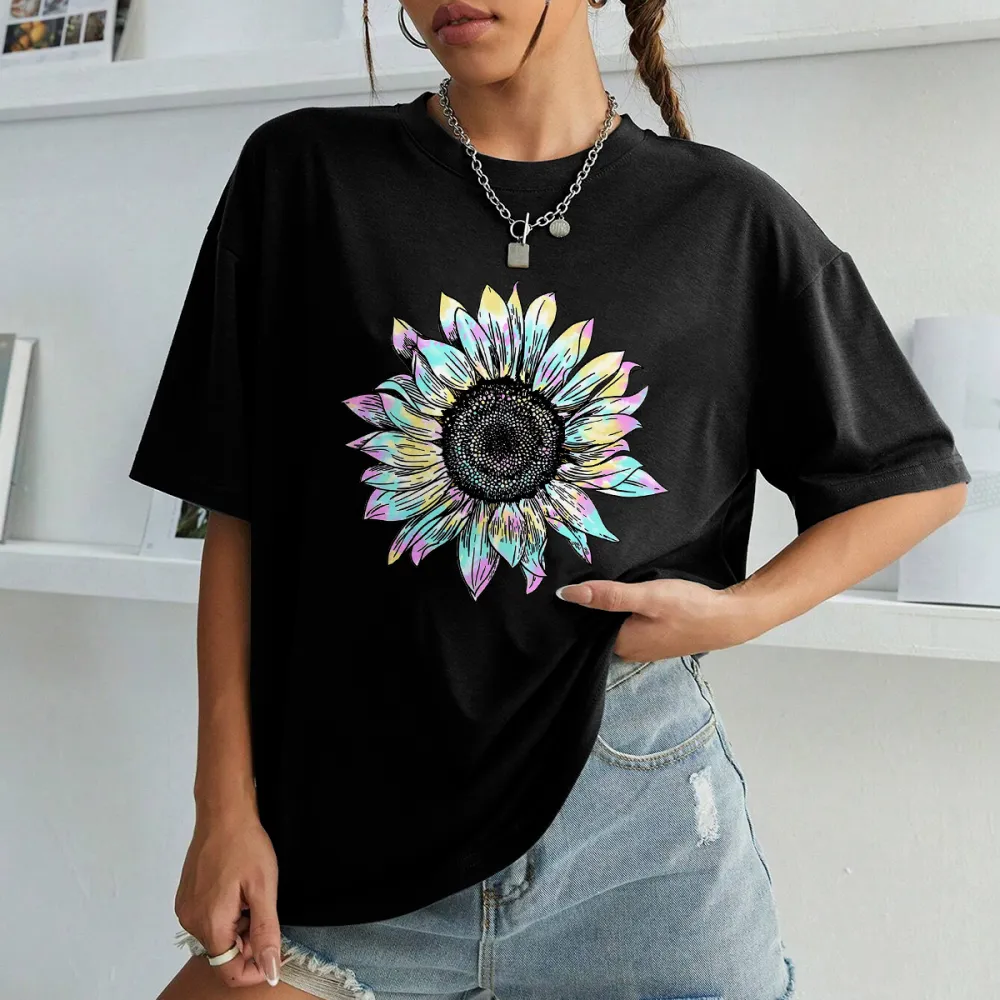 Magenta And Yellow Sunflower Design T-Shirt