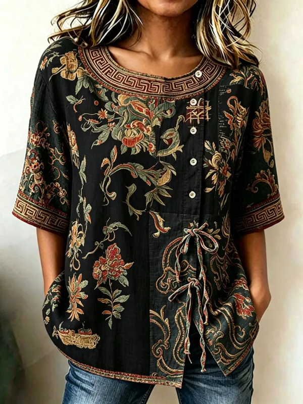 Women'S Casual Print Cotton Linen Top