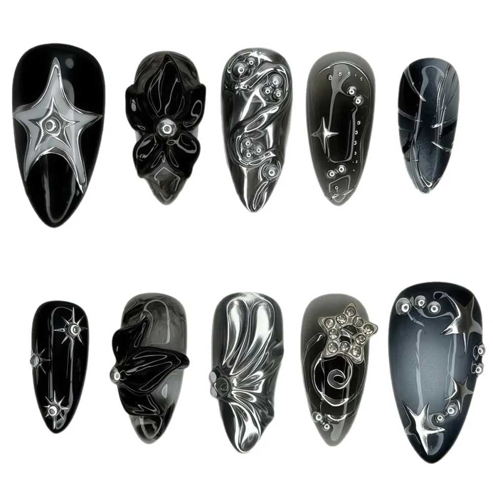 Nailhour 30Pcs 3D Gothic Y2K Floral Black Medium Almond Press On Nails