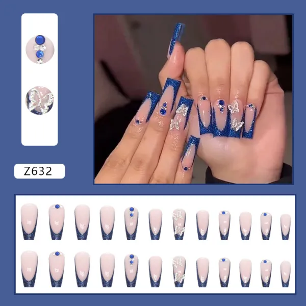 Nailhour Coffin French Blue Sparkling Butterfly 24Pcs Party Press On Nails