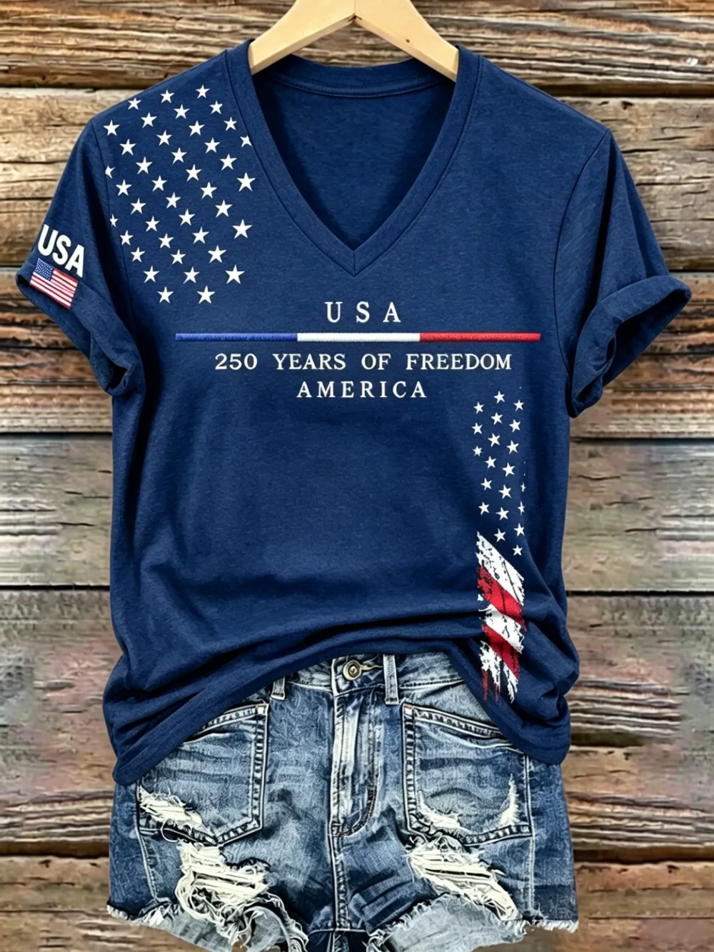 250Th Anniversary American Embroidery Commemorative V-Neck Short Sleeved T-Shirt