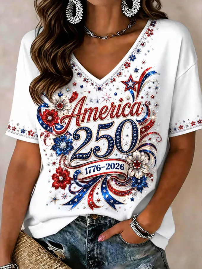 Women'S America Flag Print Casual V-Neck T-Shirt