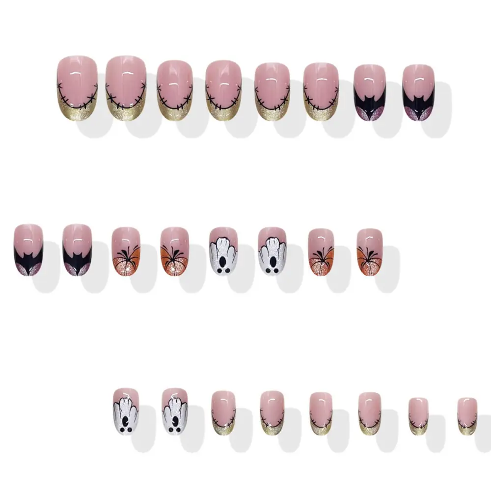 Nailhour 24Pcs Halloween Short Oval French Glitter Ghost  Press On Nails