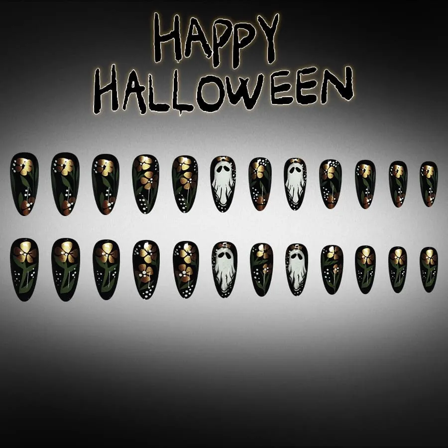 Nailhour 24Pcs 3D Cute Ghost Glossy Gilded Halloween Short Almond Press On Nails