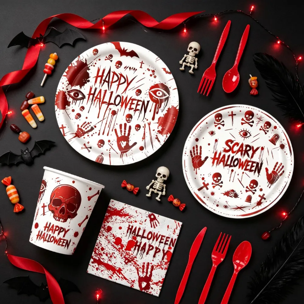 Halloween Blood Splatter Themed Disposable Dinner Plate and Paper Cup Set