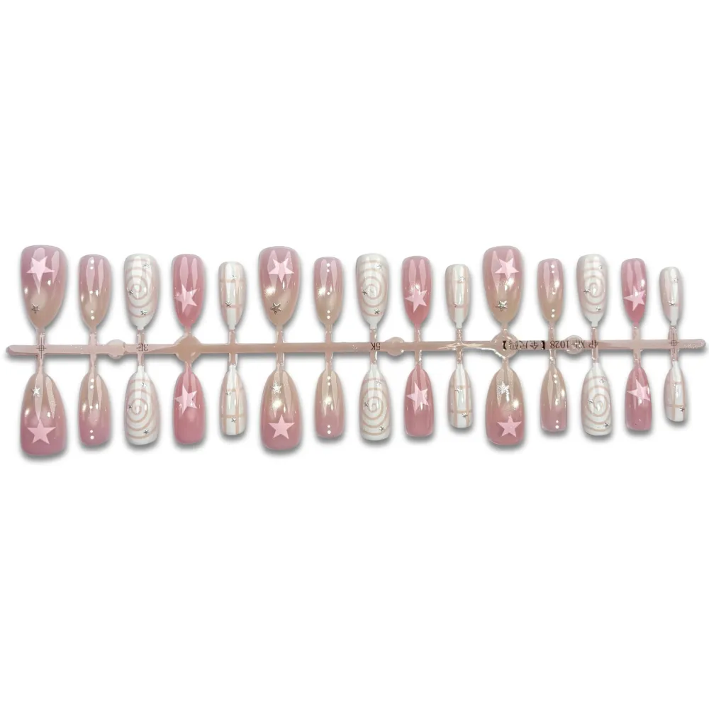 Nailhour 30Pcs Pink Gradient 3D Medium Almond French Press On Nails