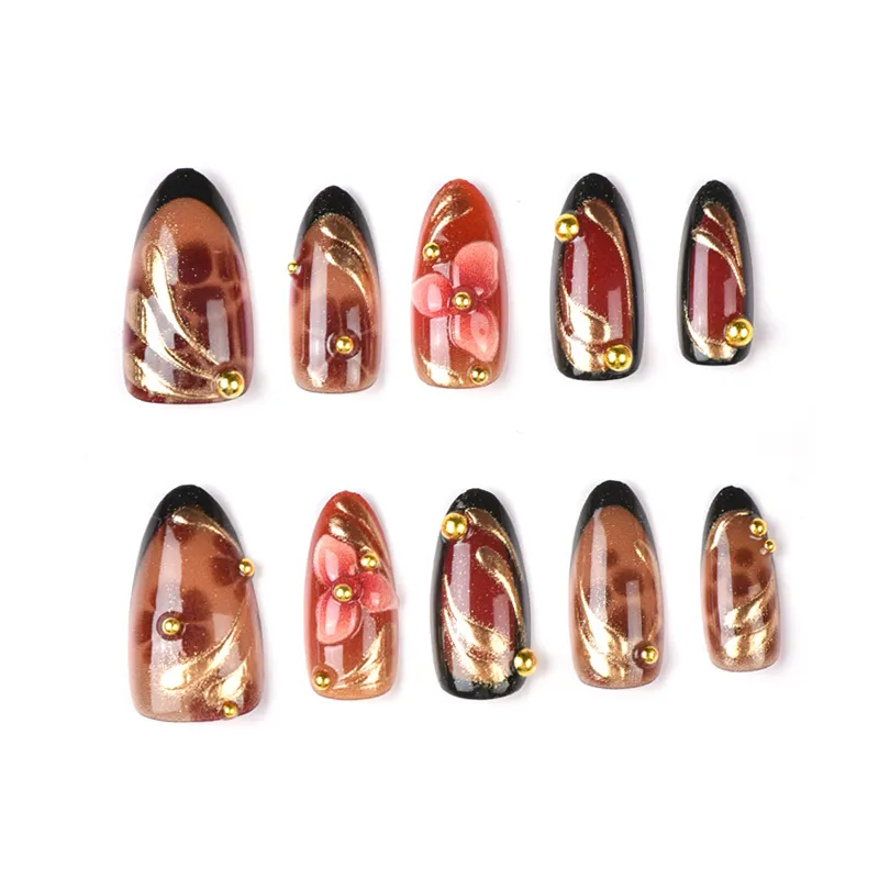Nailhour 30pcs Metallic Gold Almond Brown Leopard French 3D Press On Nails
