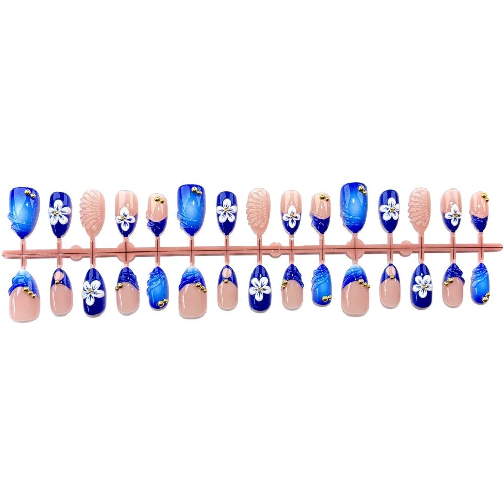 Nailhour 30Pcs Summer 3D Resin Blue Floral Beach Press On Nails