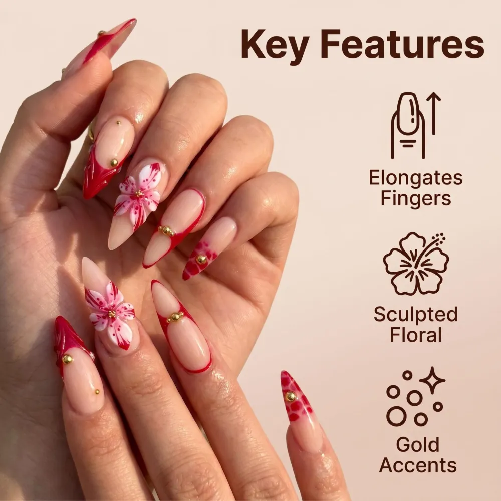 Nailhour 24Pcs Stiletto Summer Holiday Date Floral Pink Long Press On Nails