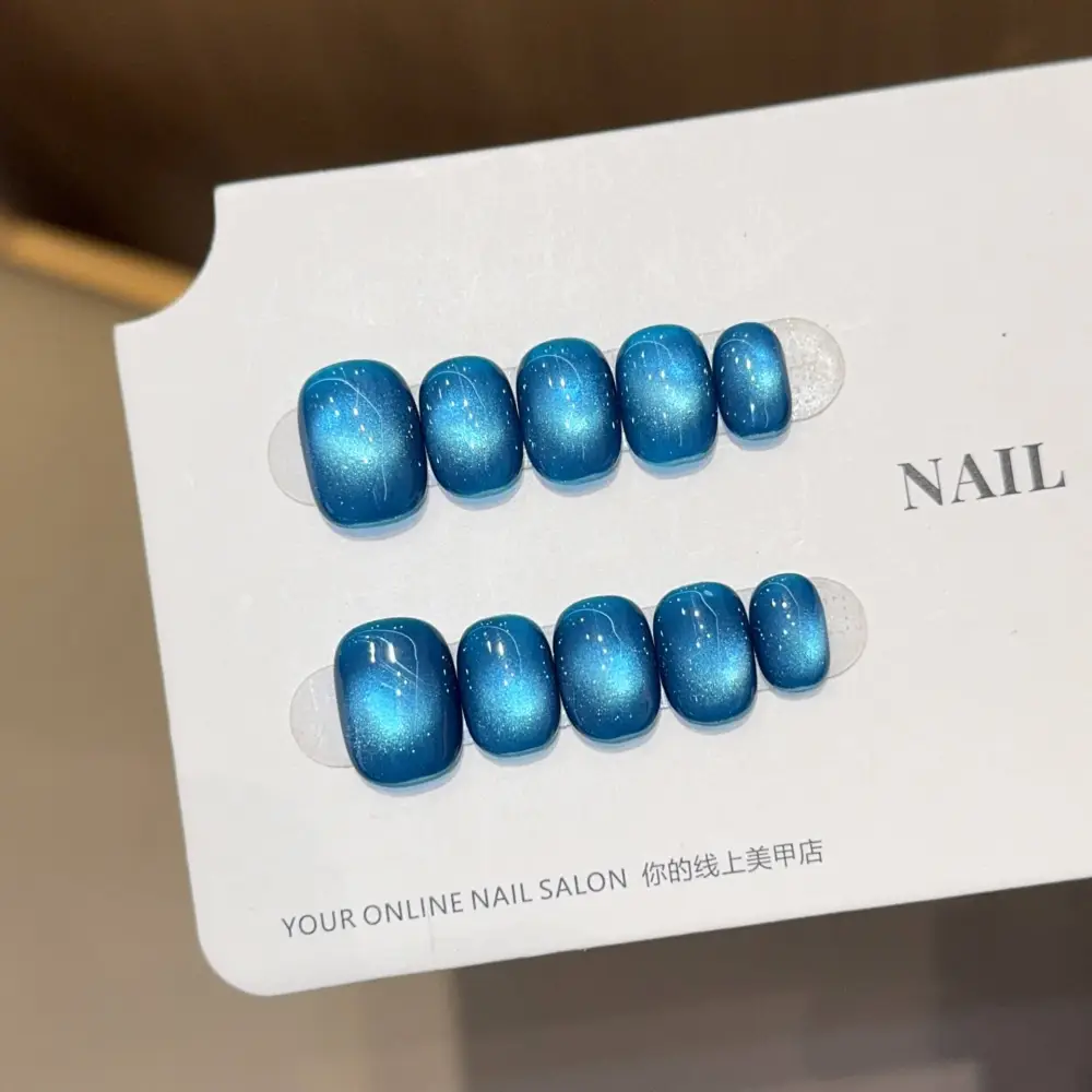 Nailhour 10Pcs Handmade Blue Cat Eye Short Squoval Press On Nails