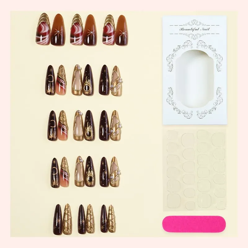 Nailhour 30Pcs Gilded 3D Medium Almond French Press On Nails