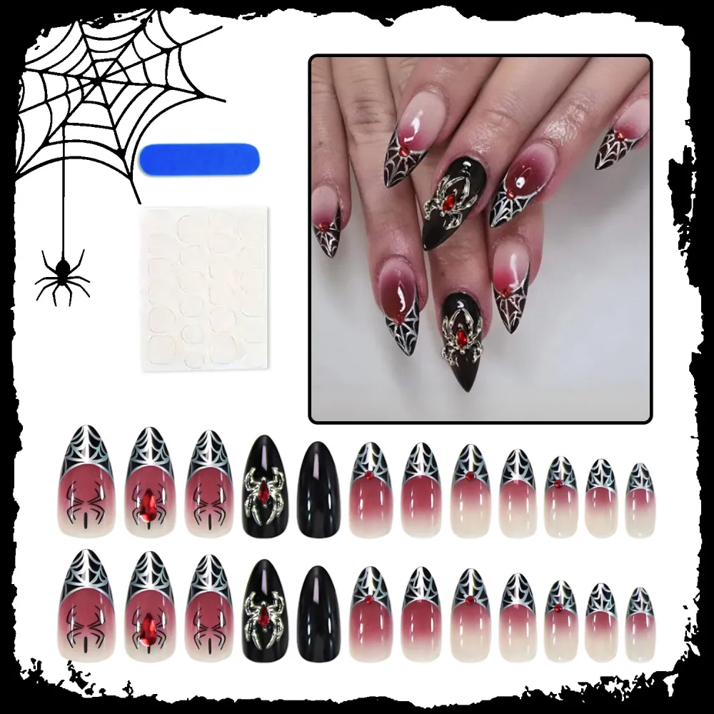 Nailhour Black Gothic 24Pcs Almond Spider Halloween Press On Nails
