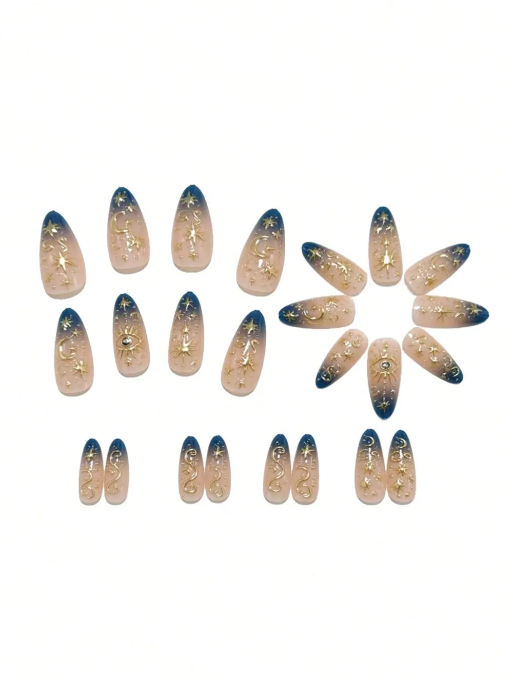 Nailhour 24pcs 3D Moon & Star Almond Shaped Short Nail Tips