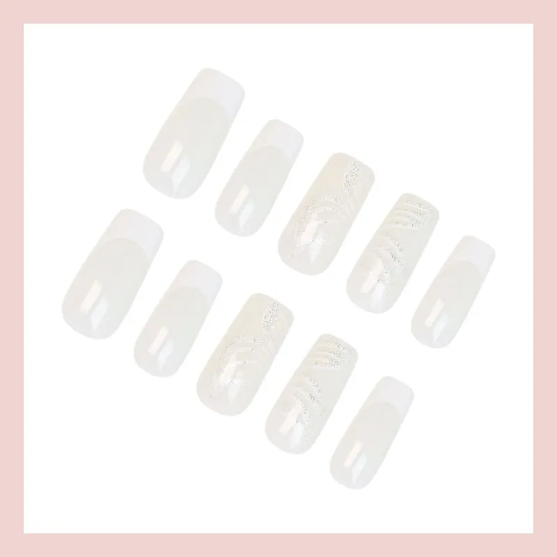 Nailhour 24Pcs White Glitter Medium Square French Press On Nails