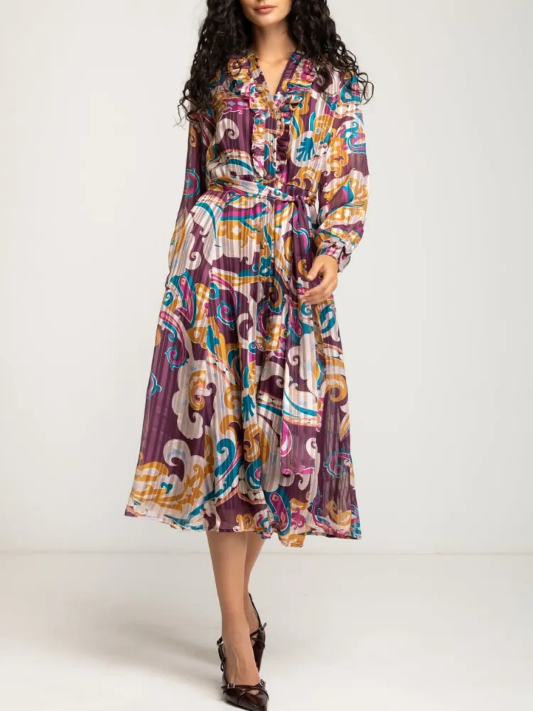 Long-Sleeve Colorful Printed Midi Dress