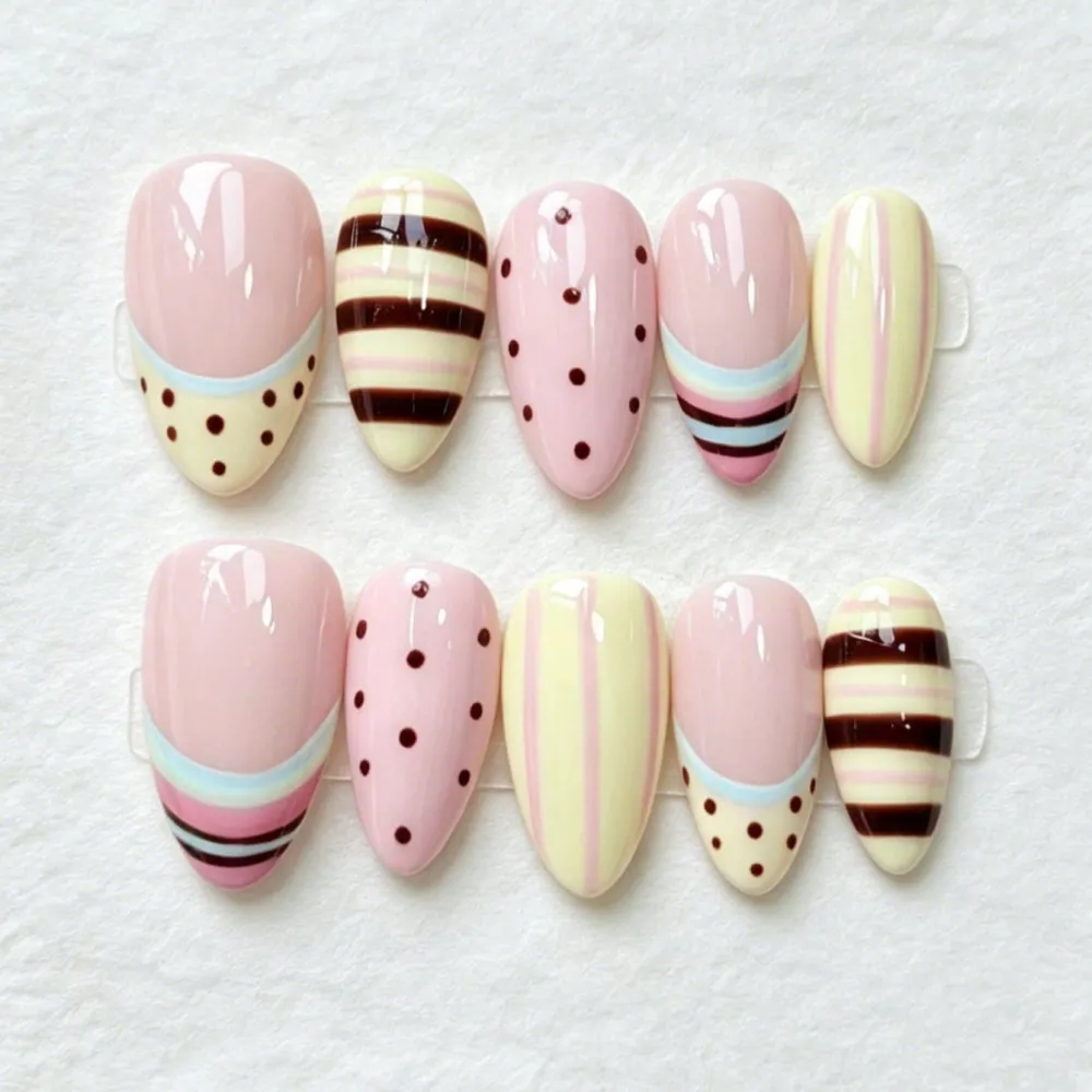 Nailhour 10Pcs Handmade Pink Summer Medium Almond Press On Nails