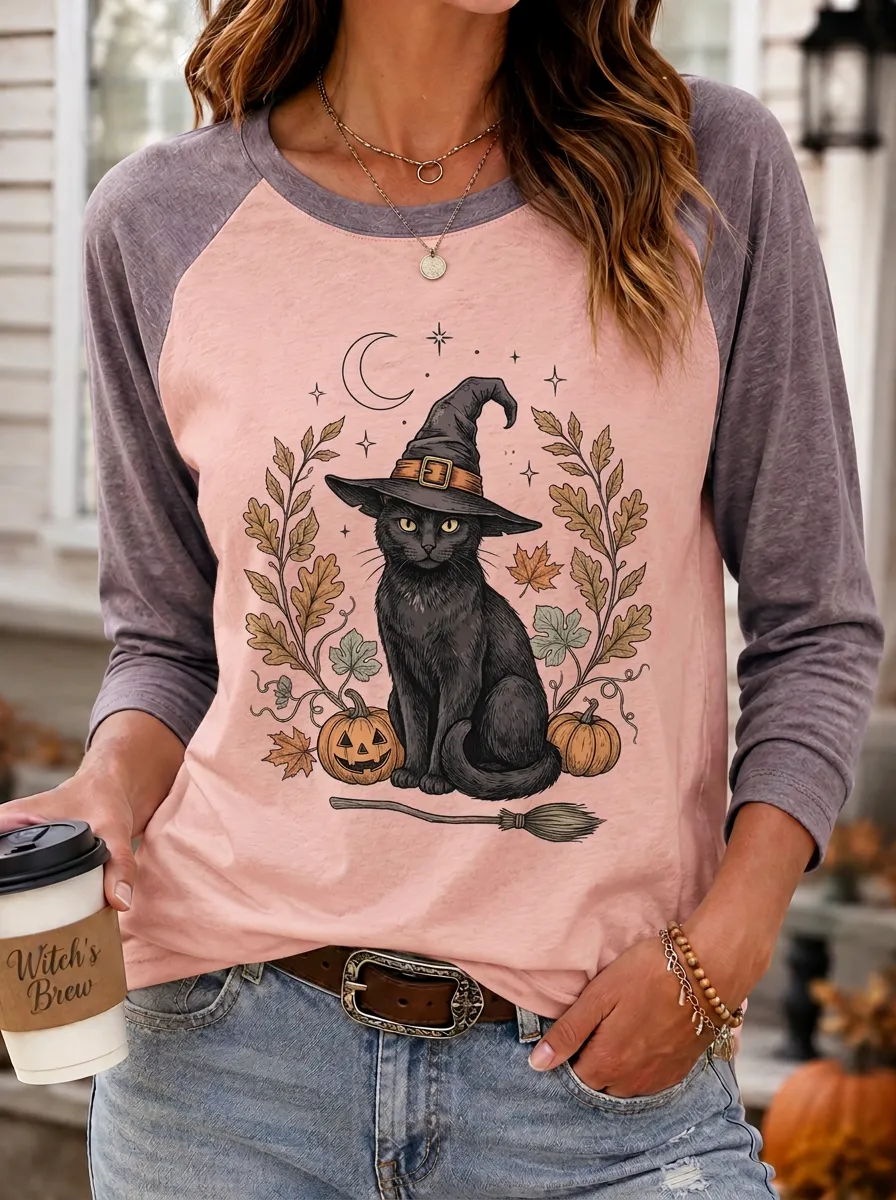 Women's Halloween Cat Witch Pumpkin Printed Raglan T-shirt