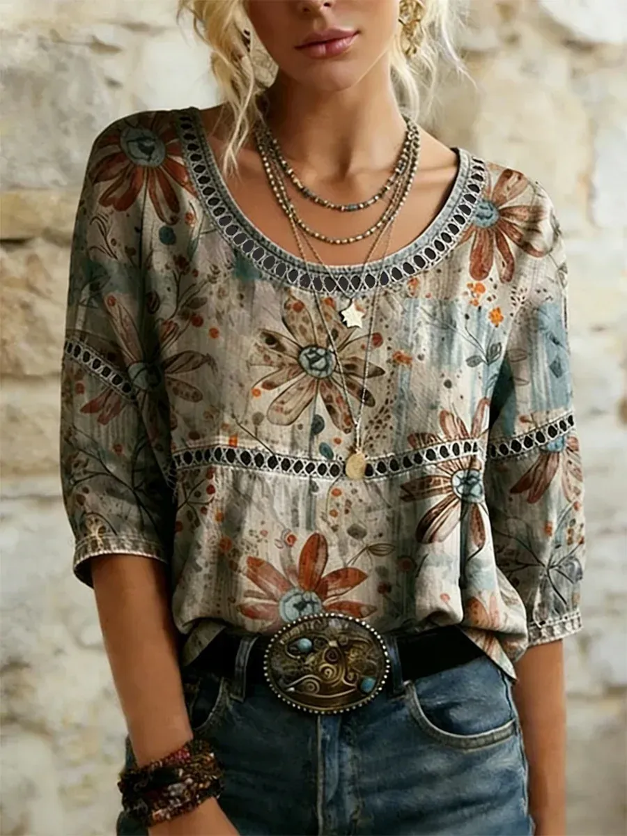 Women's Vintage Art Printed Cotton and Line Round Neck Top