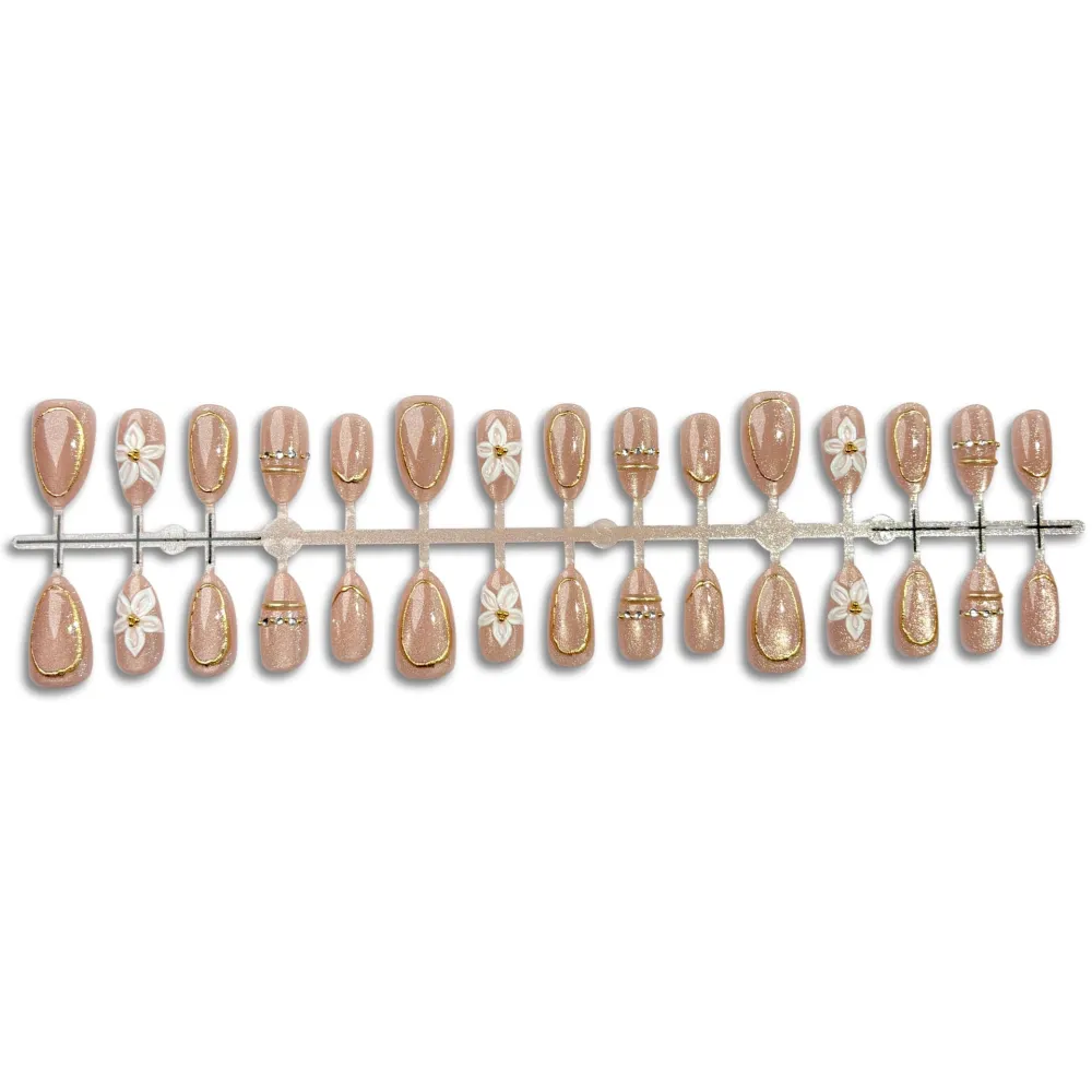 Nailhour 30Pcs Champagne Nude 3D Medium Almond French Press On Nails