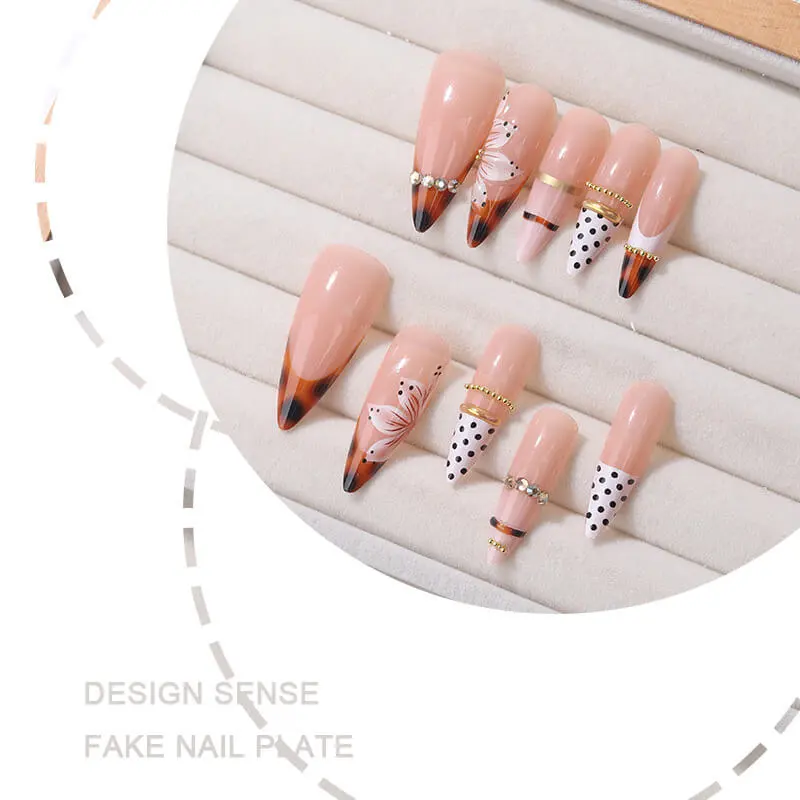 Nailhour 24Pcs French Long Almond Modern Amber Press On Nails