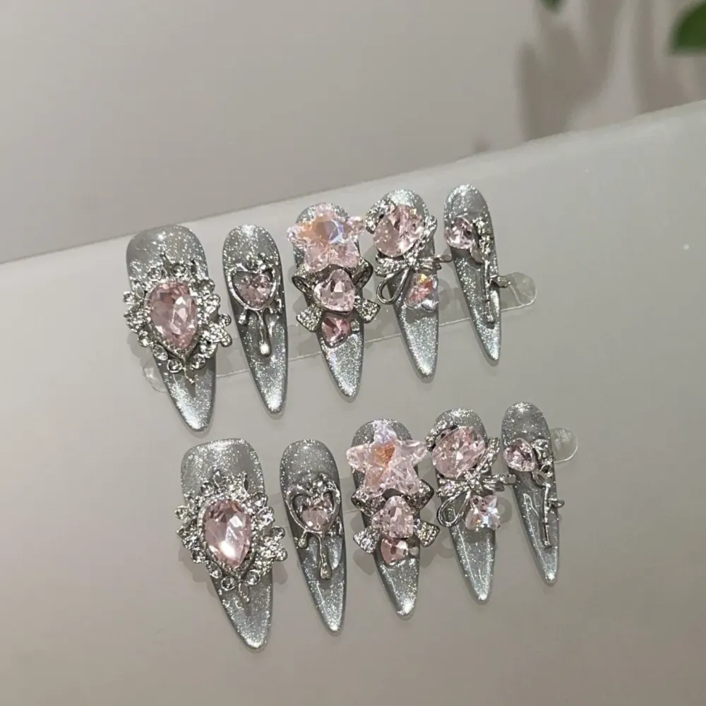 Nailhour 10Pcs Handmade Cat Eye Floral Rhinestone Long Stiletto Press On Nails