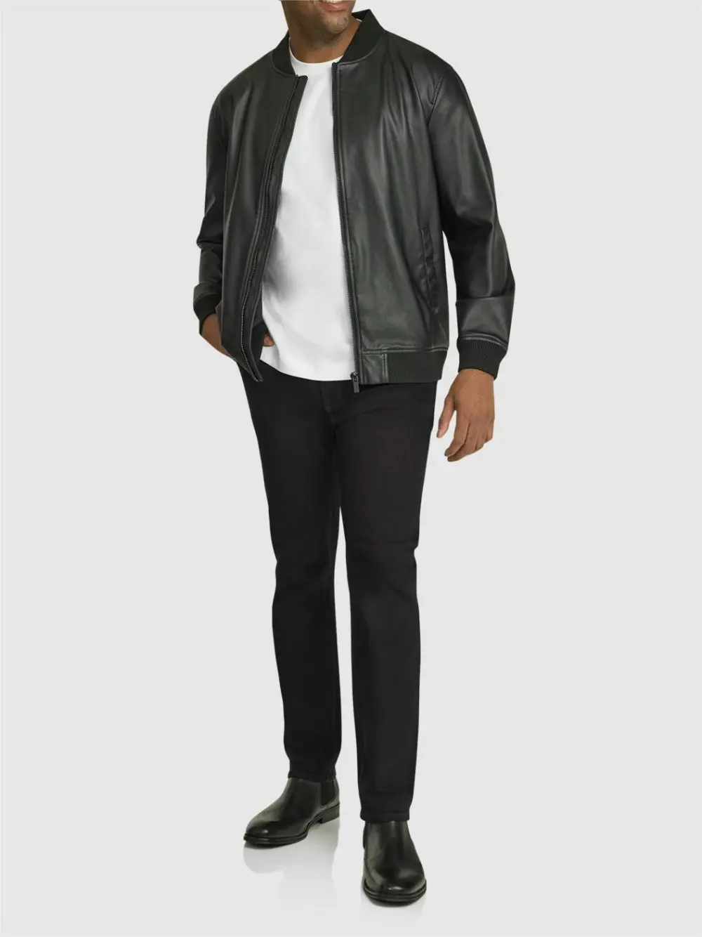 BLACK FAUX LEATHER BOMBER JACKET WITH RETRO STYLE