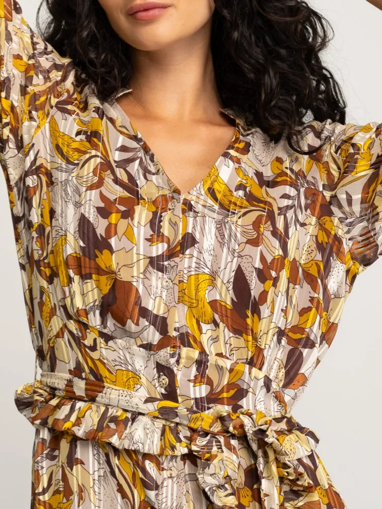 Long-Sleeve Leaf Print Maxi Dress