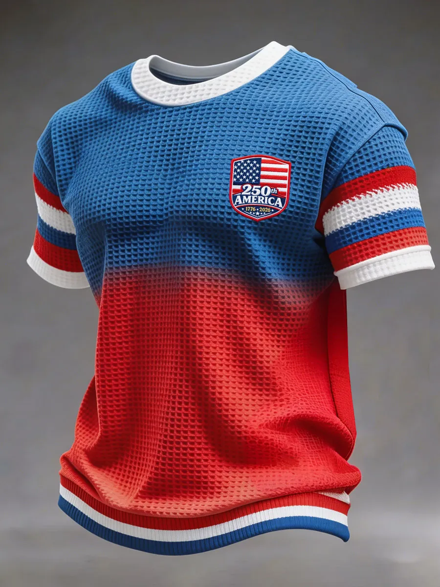 Men's Casual American 250th Anniversary Independence Day Commemorative Waffle Tee Shirt