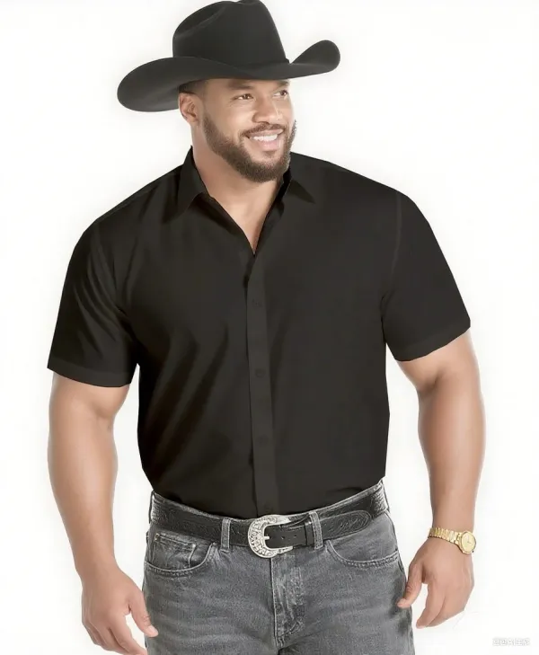 Big & Tall Men's Western Style Daily Casual Back Maria Textured Black Short Sleeve Shirt